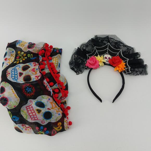 Day of the Dead Sugar Skull Head Band Dia De Los Muertos Scarf Cosplay - Picture 2 of 8
